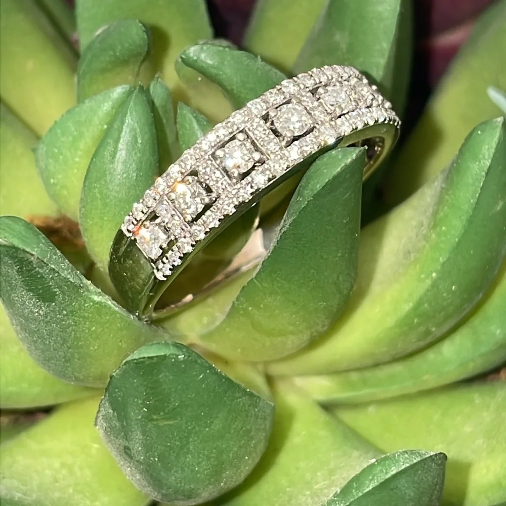 Solid Stamped 14K White Gold NATURAL Diamond Semi Eternity Band Ring Vintage